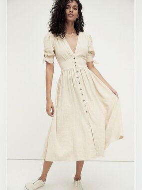 Free People Love My Life Cream Button-Front Midi Dress with V-Neck Medium